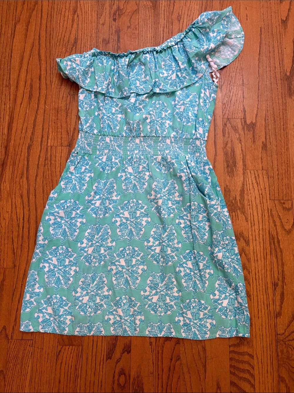 Lilly Pulitzer Aqua Floral One-Shoulder Ruffle Dress